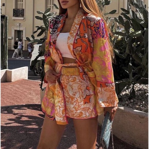 Zara color block belted kimono jacket with pockets silky polyester orange purple - Picture 8 of 10